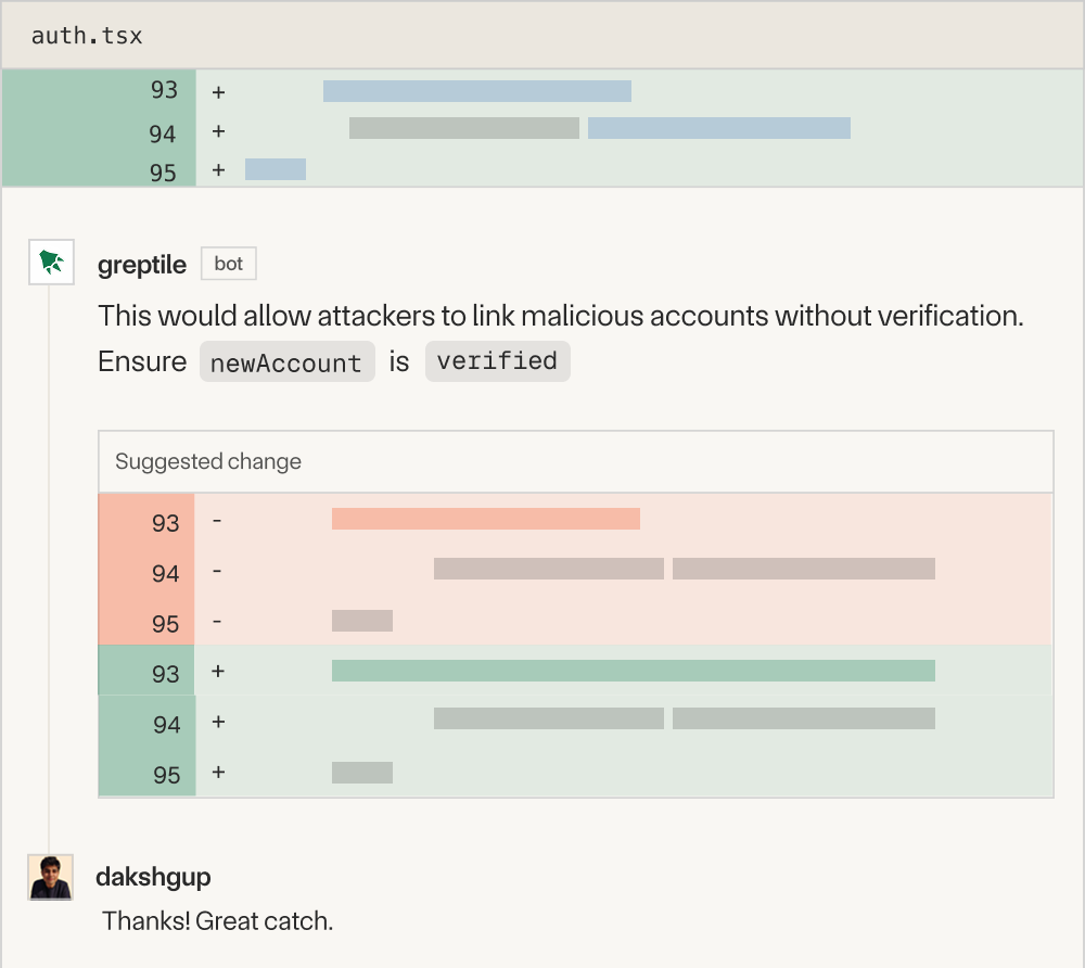 AI code review bot analyzing pull request changes and providing automated feedback on code quality, bugs, and security issues