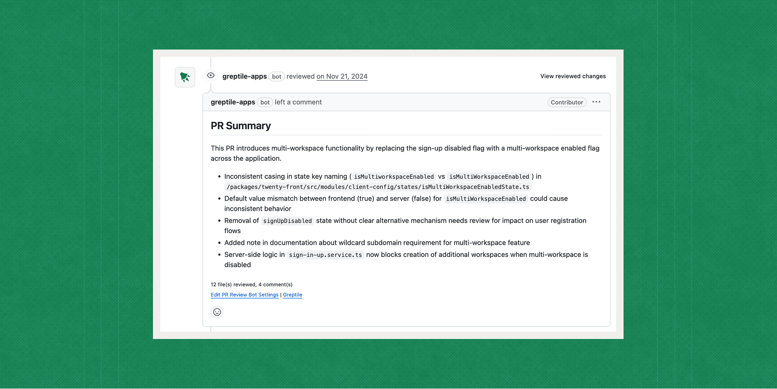 Real-world example of AI code review detecting multi-workspace integration risks and cross-layer security vulnerabilities in production code